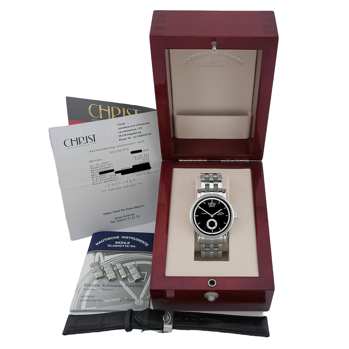 MÜHLE GLASHÜTTE Edition Black Teutonia II Large Date Ref. M1-30-83 Box Papers